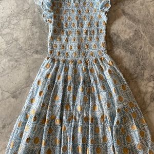 Oliphant Design Hand Block Printed Smocked Dress with Ruffle Collar & Sleeve. XS